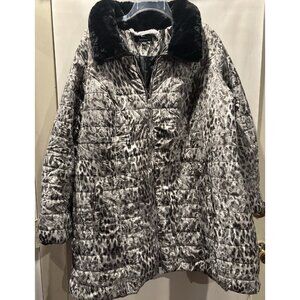 DENNIS BASSO Women's Trench Overcoat Leopard Faux Fur Collar Mid-Length 2X